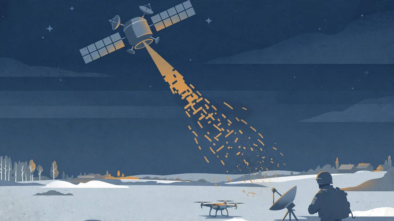 Editorial illustration of a communications satellite beaming a breaking, fragmenting signal down to a generic soldier silhouette with a satellite dish and a drone on a snowy plain, no real person's likeness
