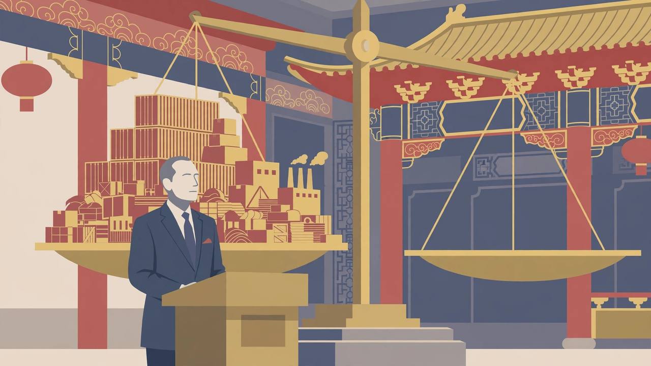 Flat editorial illustration of a generic European statesman at a lectern in Beijing beside a trade scale piled high with containers and factory goods on one side and empty on the other