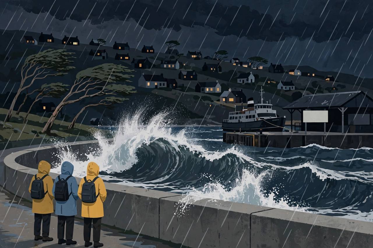Editorial illustration of a storm hitting the Scottish coast at night with large waves, bent trees and heavy rain