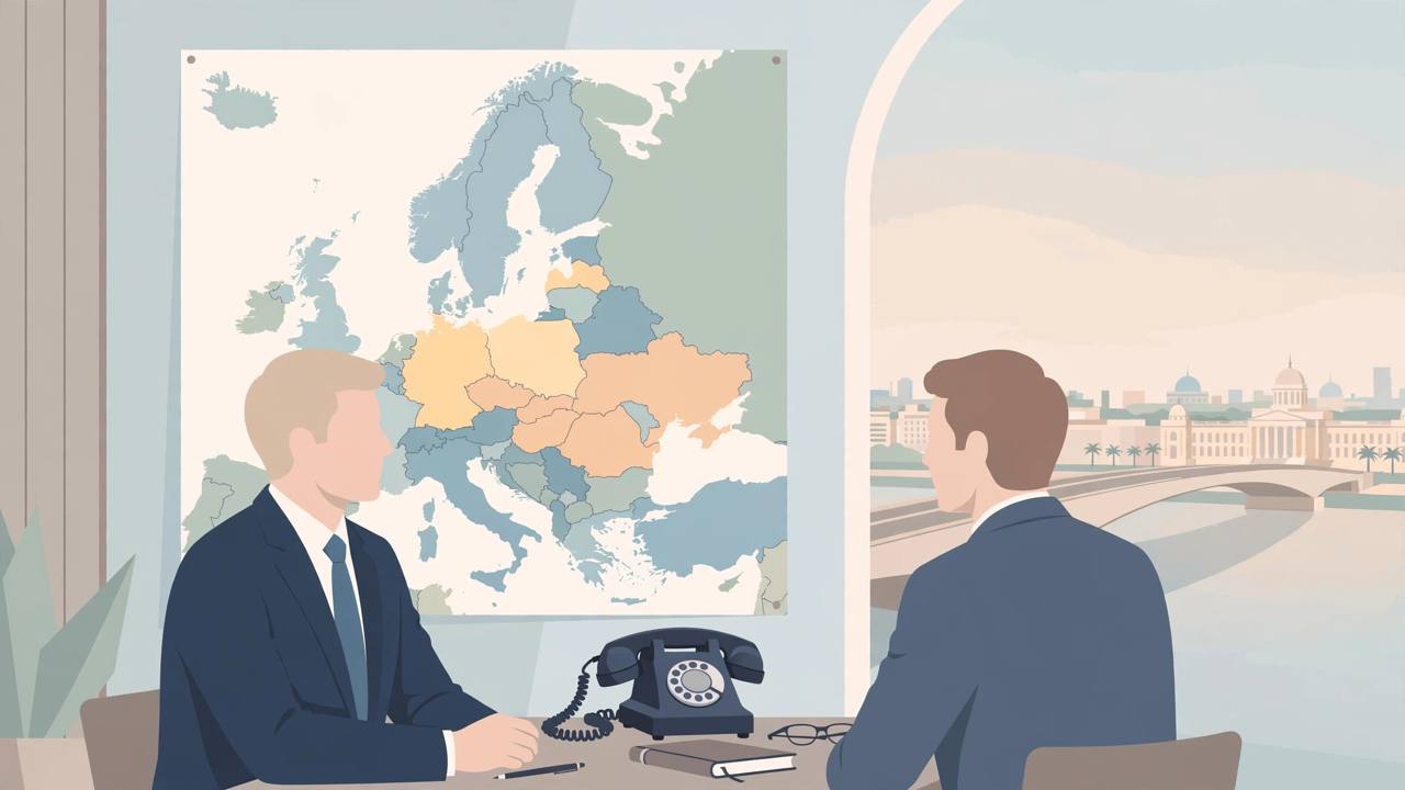 Editorial illustration of two generic Nordic leaders on a phone call over a map of northern Europe and Ukraine