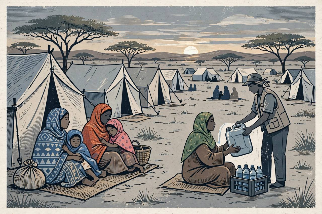 Editorial illustration of generic displaced women and children at tents in a Darfur aid camp receiving a water container from an aid worker at dusk