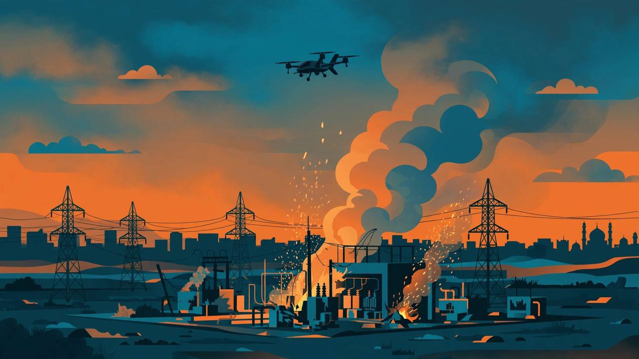 Editorial illustration of a drone silhouette over a damaged electricity power station and darkened city skyline at dusk