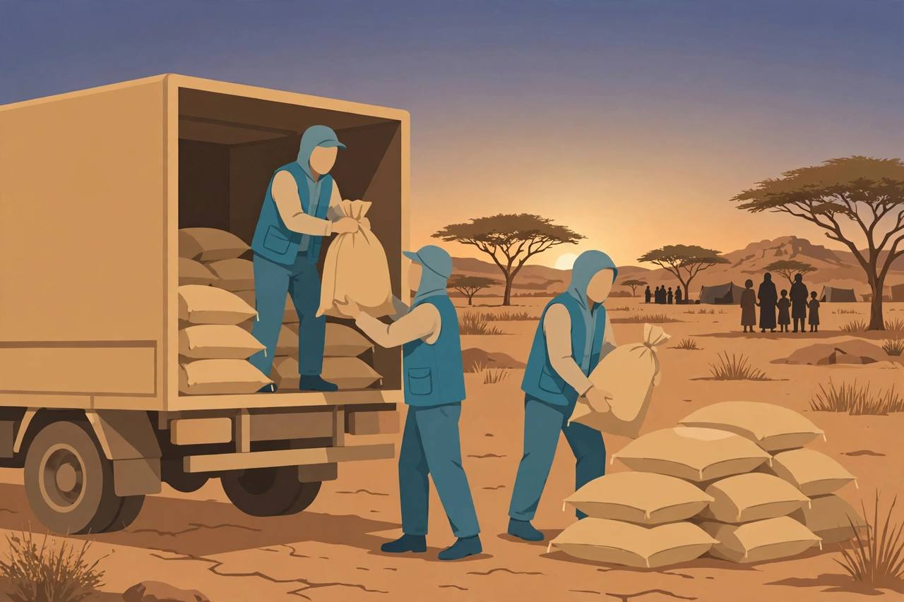 Editorial illustration of generic aid workers unloading grain sacks from a truck in a dry landscape at dusk, generic figures only