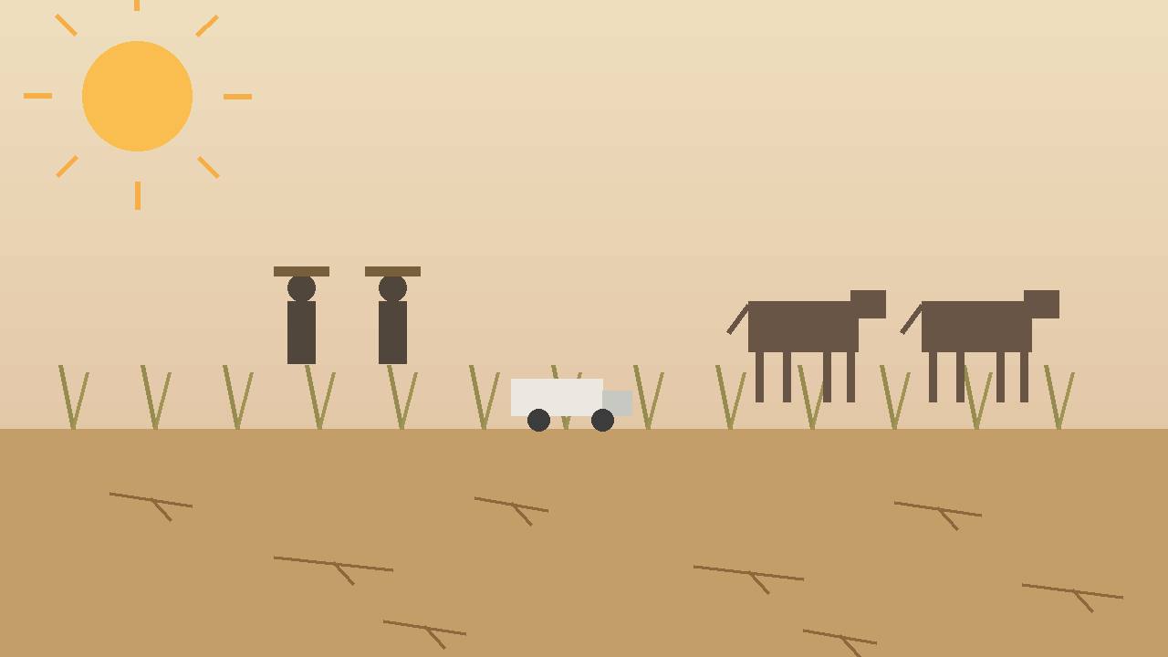 Editorial illustration of a dry, cracked field with shrivelled crops, thin cattle and generic farmers under a harsh sun — flat style, no real person depicted