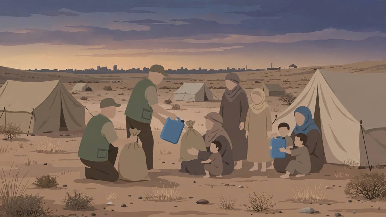 Editorial illustration of generic aid workers handing food and water to generic civilian families outside tents in a dry Darfur landscape at dusk