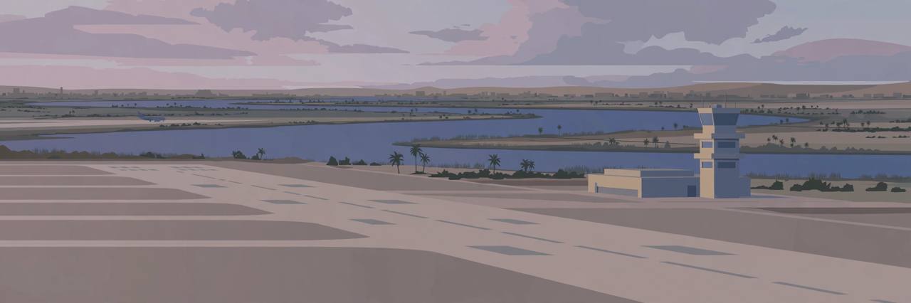 Editorial illustration of an empty airport runway and control tower in Khartoum at dusk with the Nile in the background — no people depicted