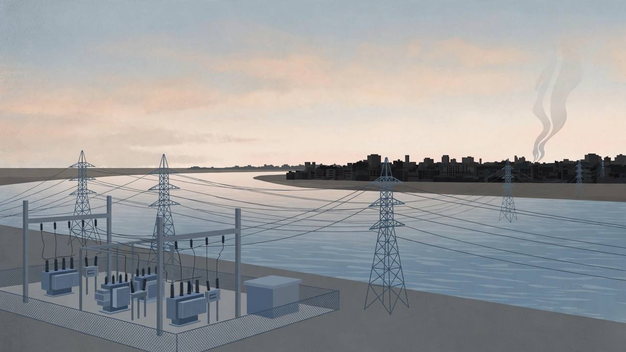 Editorial illustration of a generic electricity transformer substation and pylons at dawn beside a stylised river-city skyline with darkened buildings