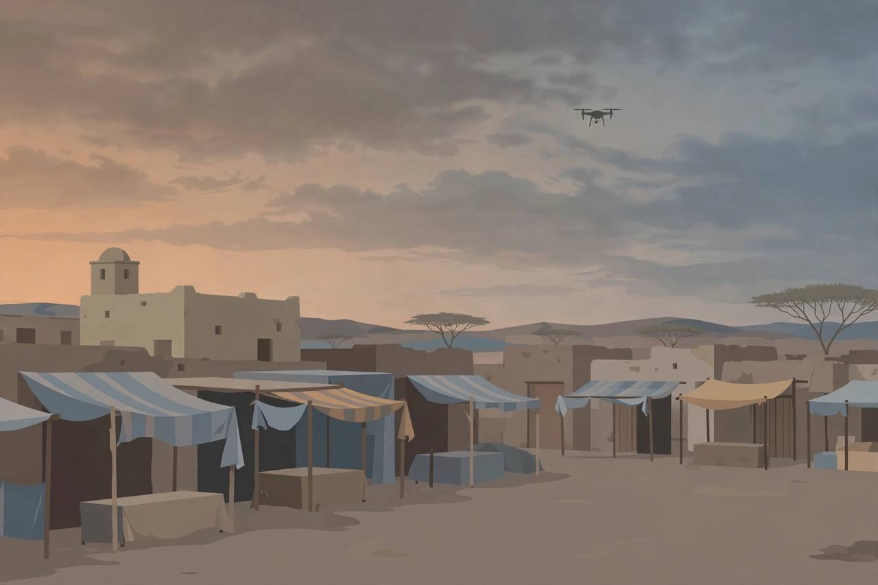 Editorial illustration of an empty market square in a Darfur town at dusk with a lone drone silhouette in the sky