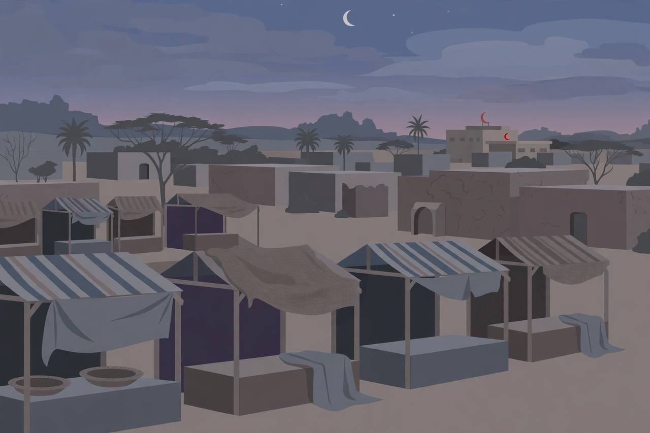 Respectful editorial illustration of empty market stalls in a Darfur town at dusk, with a hospital in the distance
