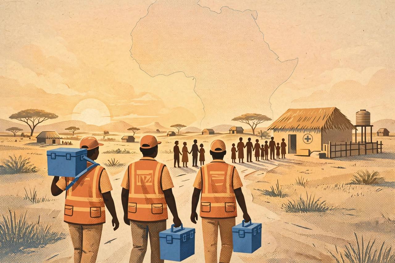 Editorial illustration of health workers carrying blue vaccine cold boxes toward a village clinic in Sudan at dawn, with families waiting in the distance