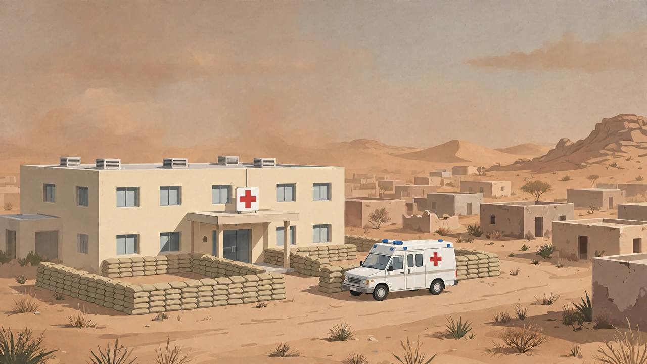 Editorial illustration of a generic hospital building with sandbag barriers and a red medical cross in a dusty Darfur city — flat style, no real person depicted, no incident shown