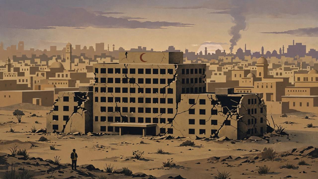 Editorial illustration of a damaged hospital building with a red crescent symbol in a desert city at dusk, smoke in the far background, flat style, no real person depicted
