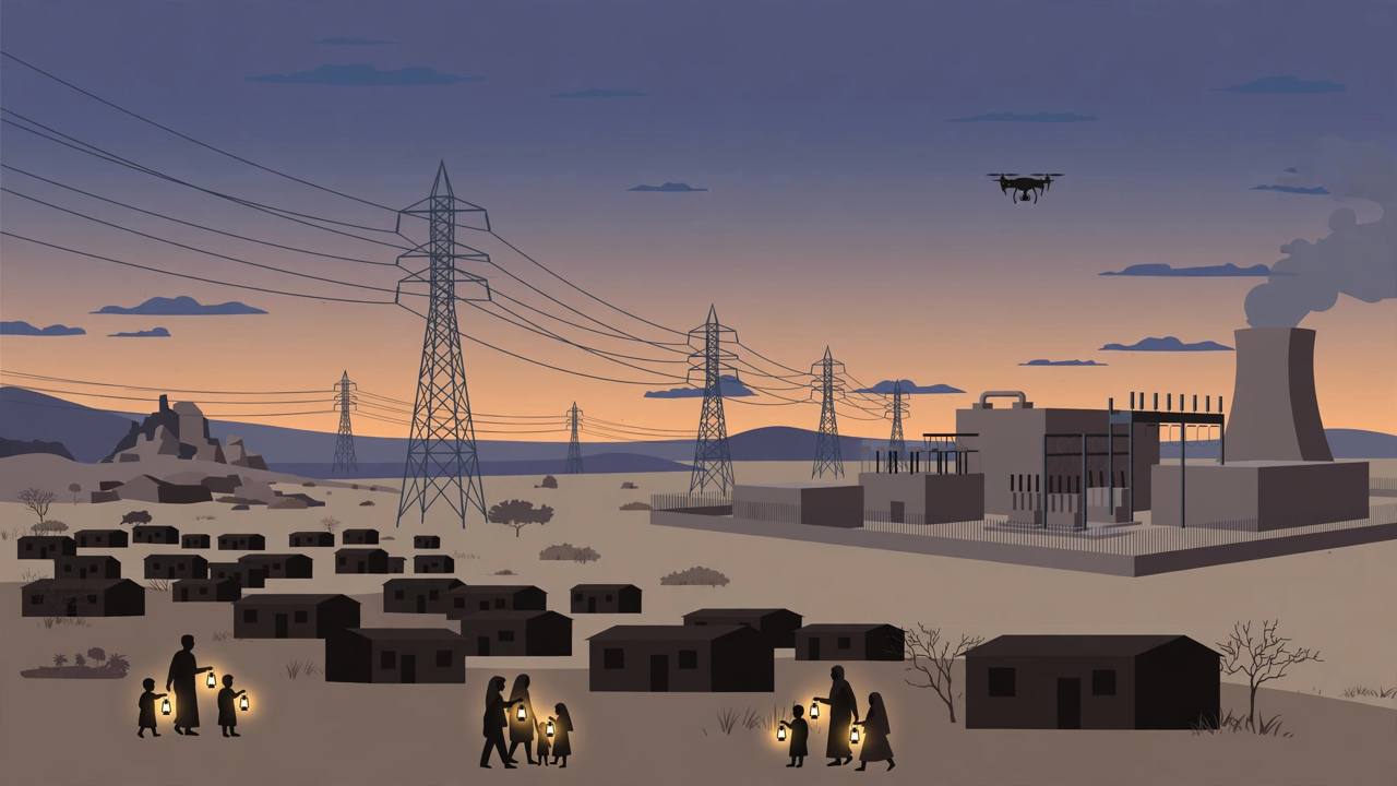 Electricity pylons and darkened homes in Sudan at dusk, editorial illustration