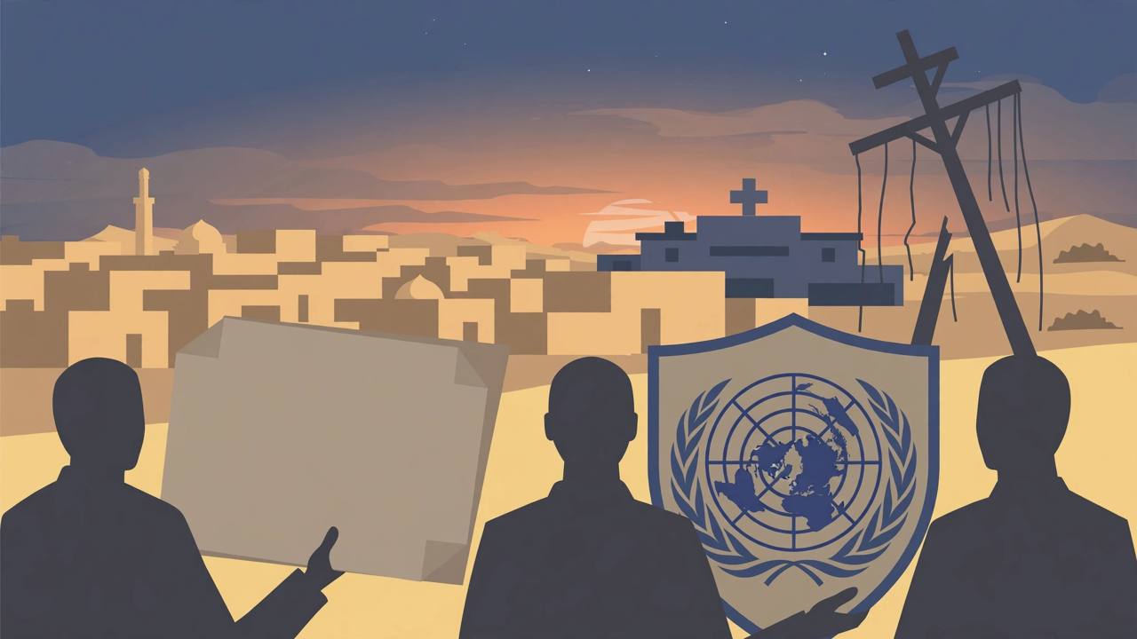 Editorial illustration of a Sudanese city at dusk with a hospital silhouette, a damaged power pylon and an official UN report in the foreground