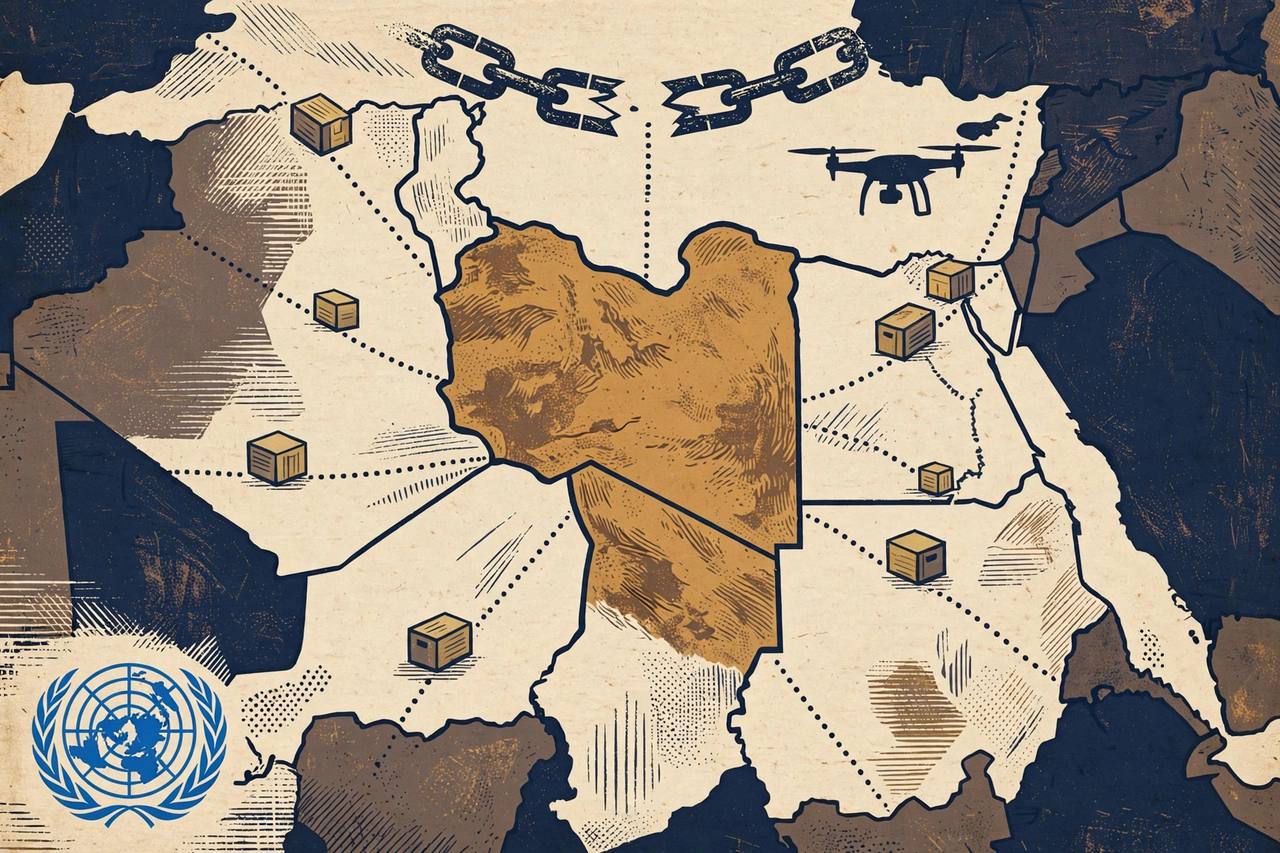 Stylised map of Sudan with dotted supply routes, cargo crates and a drone silhouette, flat editorial illustration