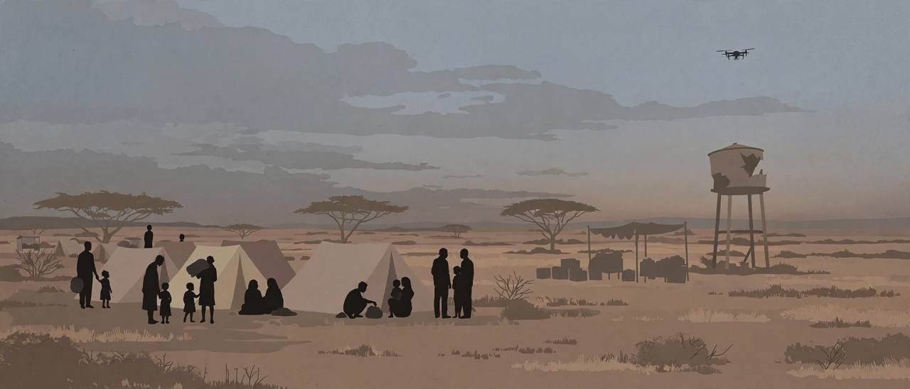 Editorial illustration of displaced families beside tents in a dry plain under a distant drone silhouette — flat style, no real person depicted