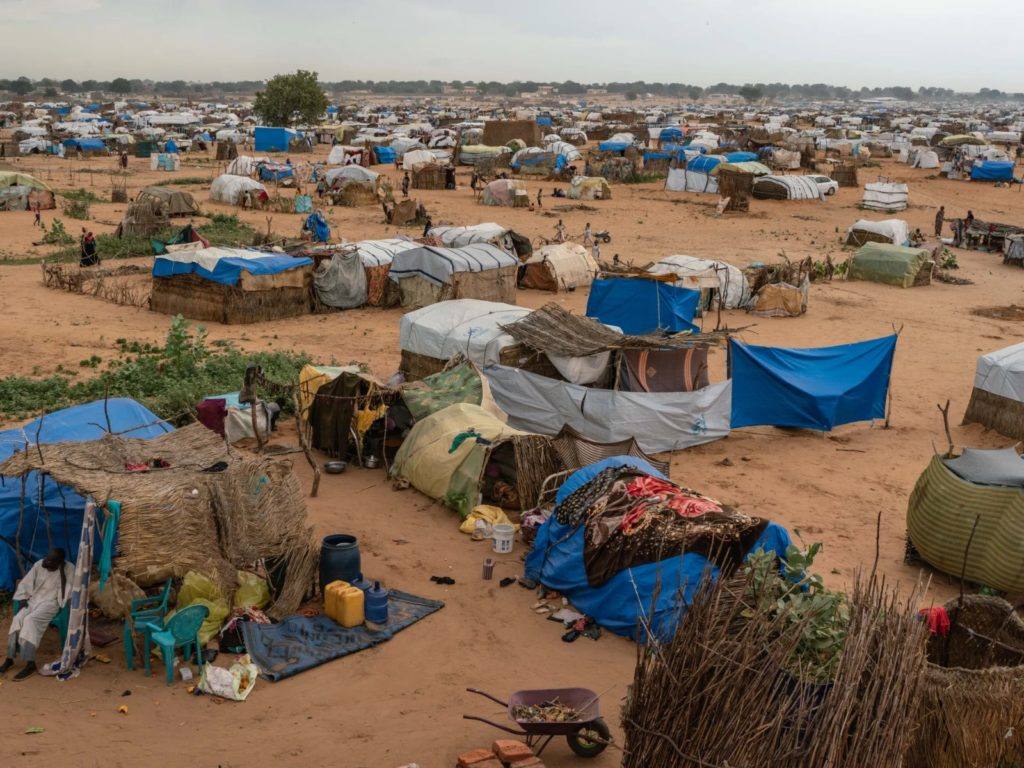 A camp of makeshift shelters for displaced people in Sudan