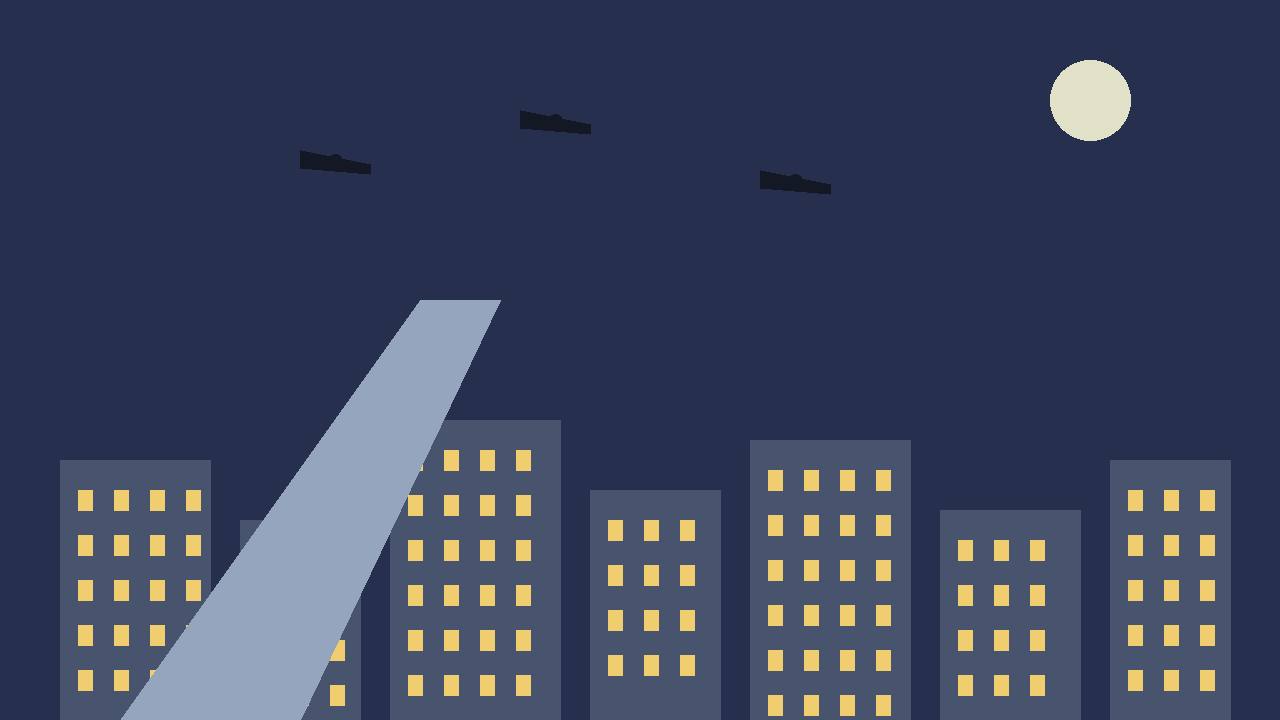 Editorial illustration of a generic city skyline at night with searchlights and drone silhouettes — flat style, no real place or person depicted