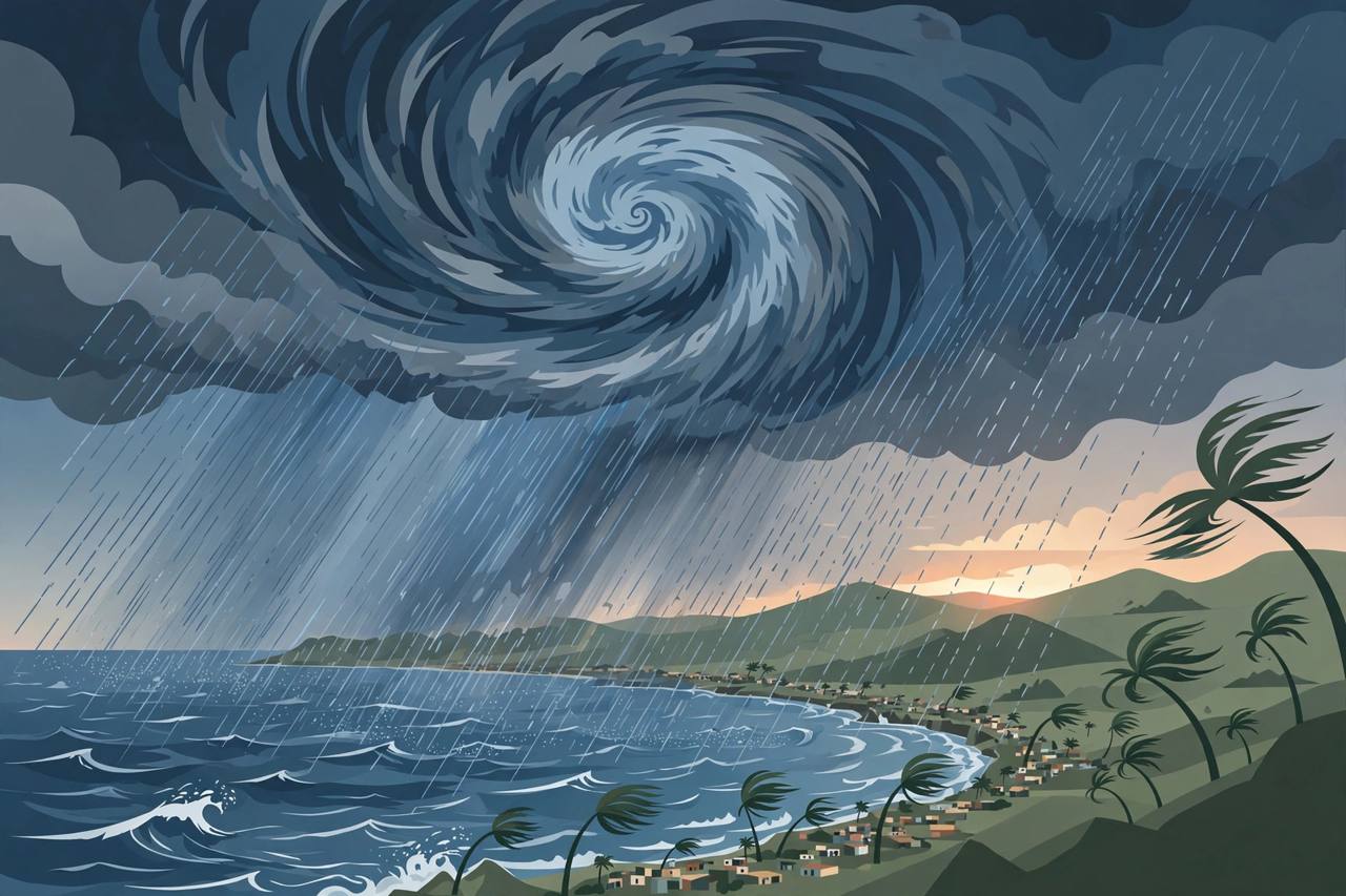 Editorial illustration of a super typhoon spiral approaching the northern Luzon coast in the Philippines, with bending palm trees and rough seas