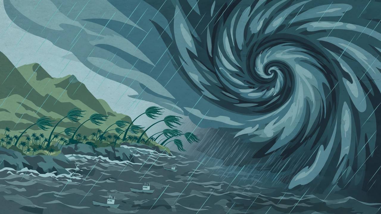 Editorial illustration of a super typhoon spiral over the Pacific approaching Taiwan's mountainous east coast, with rough seas and bending palm trees