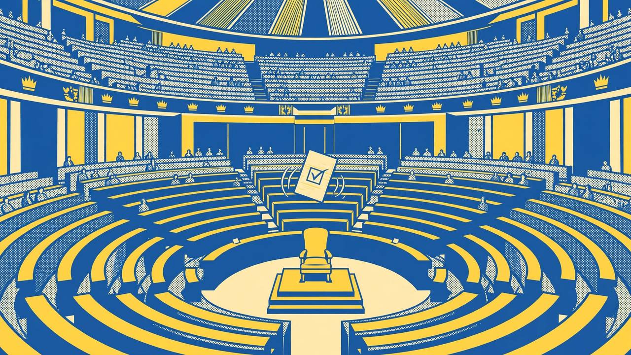 Editorial illustration of a parliament chamber in blue and yellow with an empty prime minister's chair and a floating ballot paper
