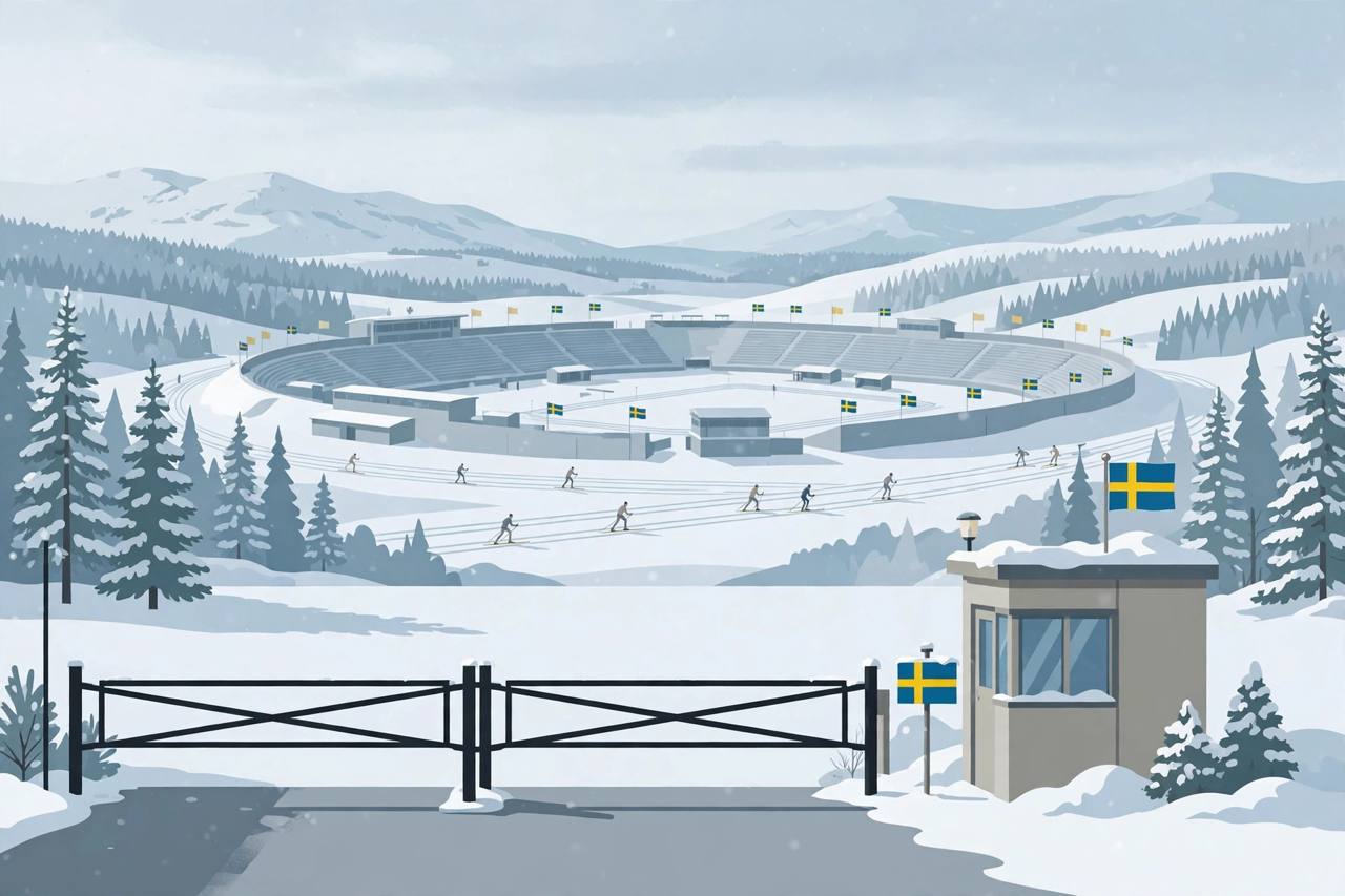 Editorial illustration of a snowy Nordic ski championship stadium in Sweden with a closed border checkpoint gate in the foreground