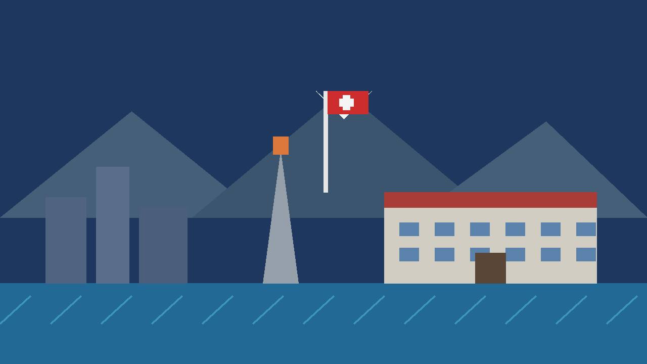Editorial illustration of mountains, a river, a generic city tower and a diplomatic office building with a red-and-white flag, no people
