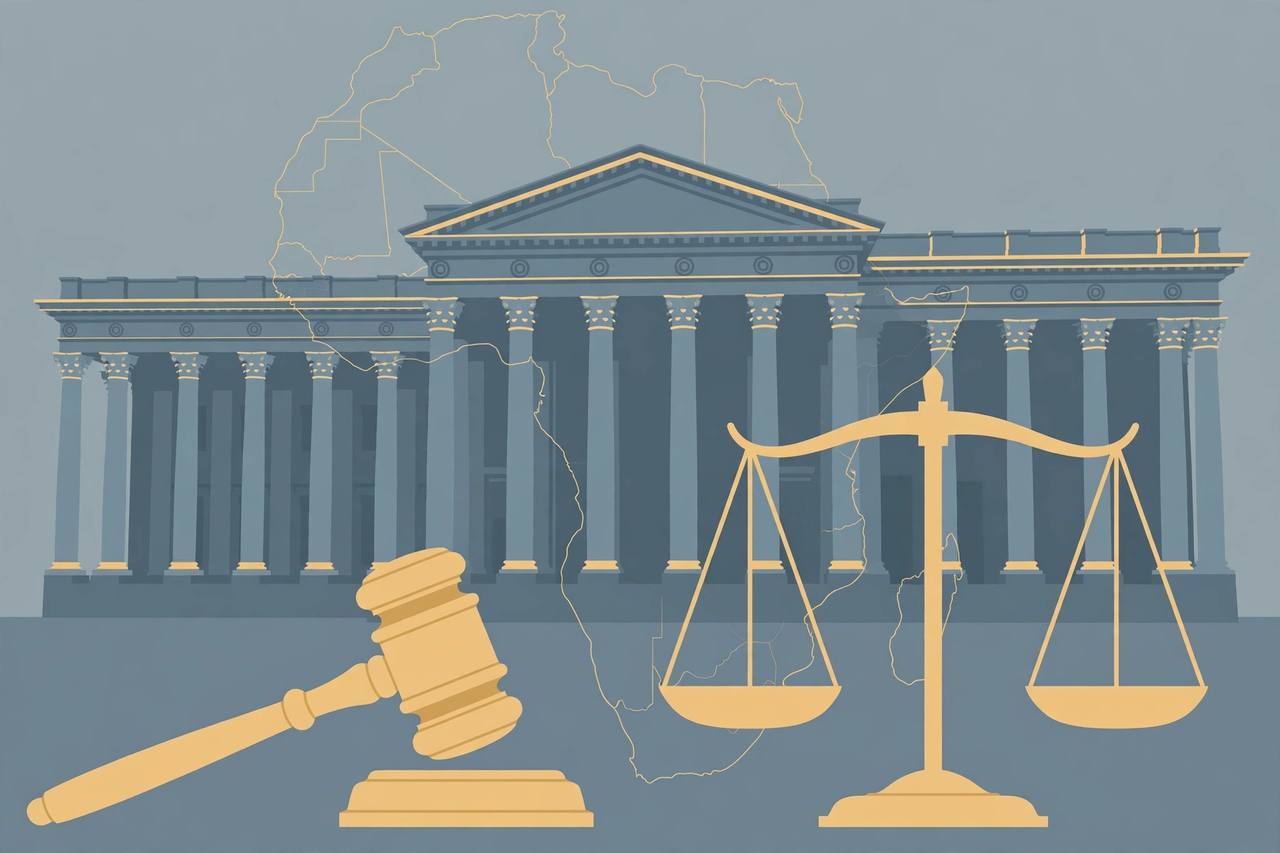 Editorial illustration of a European courthouse with tall columns, a gavel and the scales of justice in the foreground
