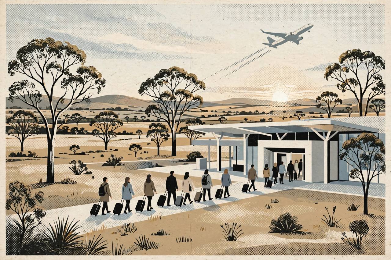Editorial illustration of a new modern airport terminal at dawn in western Sydney with a generic passenger jet taking off and travellers with suitcases walking to the entrance