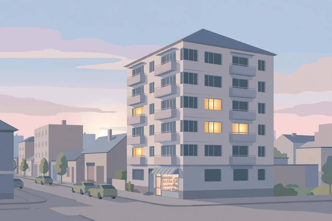 Editorial illustration of a generic multi-storey apartment building in a Ukrainian town at dawn, with warm light in a few windows — the attack itself is not depicted