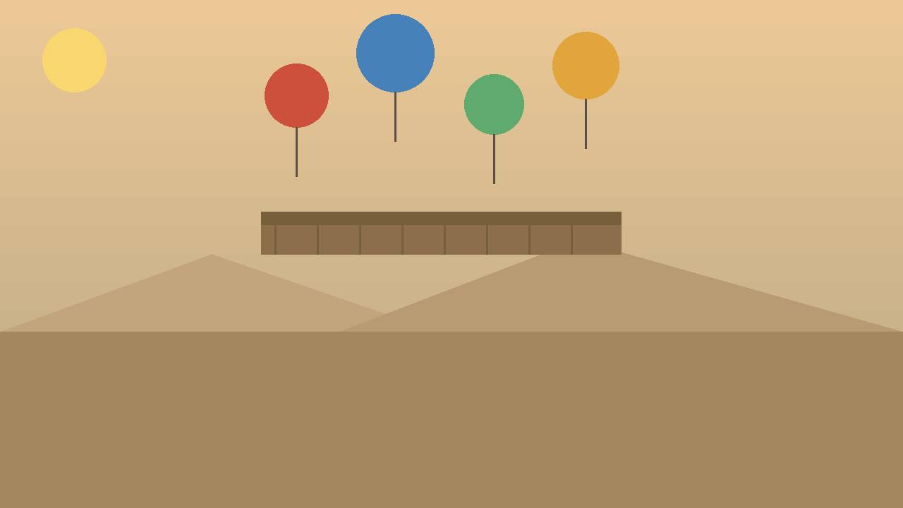 Editorial illustration of helium balloons carrying a parcel over a desert border area at sunset — flat style, no real person depicted