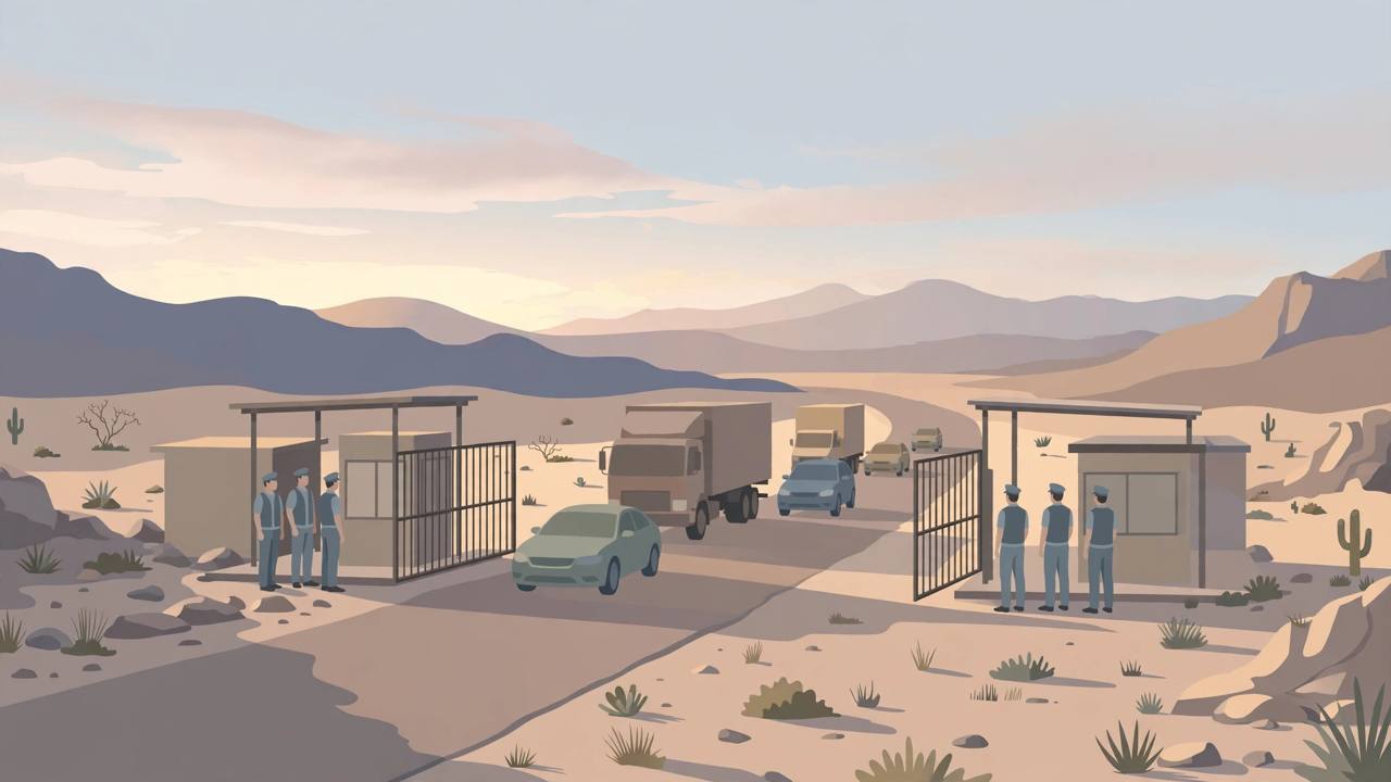 Editorial illustration of a desert border crossing at dawn with its gate open and trucks and cars passing through peacefully