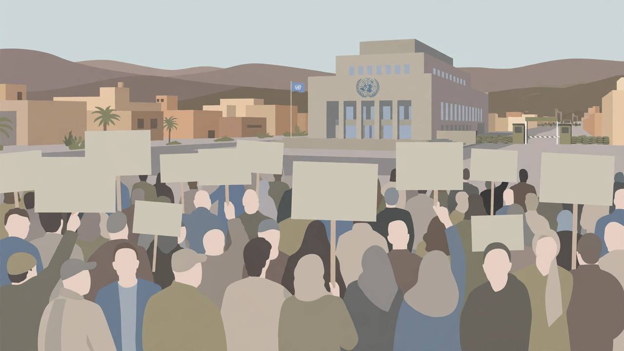Editorial illustration of a generic crowd protesting in a city square — flat style, no real person depicted