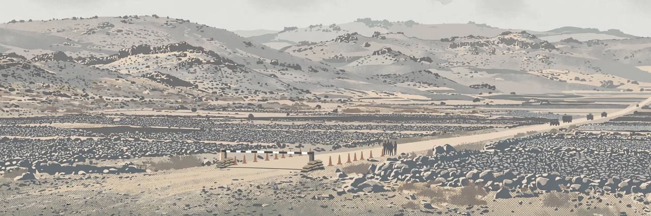 Editorial illustration of a rural road checkpoint in the Quneitra countryside of southern Syria, with dry volcanic hills, a simple road barrier and generic distant vehicles — flat style, no real person depicted