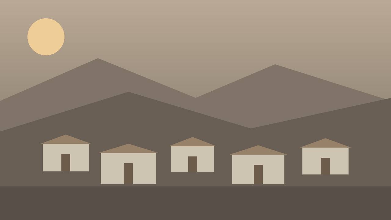 Editorial illustration of a quiet mountain town in the Damascus countryside at dawn, with stone houses below rocky ridges — no real place, person or incident depicted