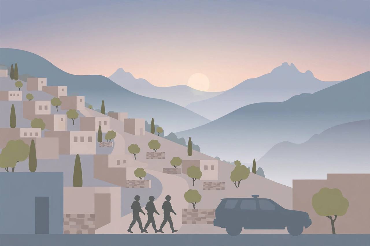 Editorial illustration of a Syrian hillside town near Damascus at dawn — no real place or person depicted
