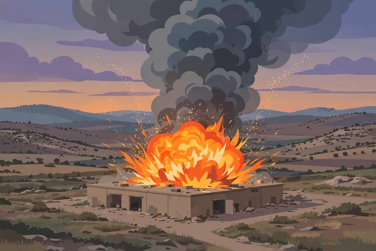 Editorial illustration of a fireball and smoke plume rising from a low warehouse depot in dry countryside near Saraqib, Syria