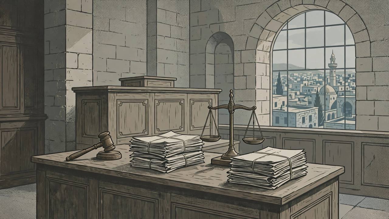 Editorial illustration of a solemn courtroom with an empty judge's bench, scales of justice and stacked case files