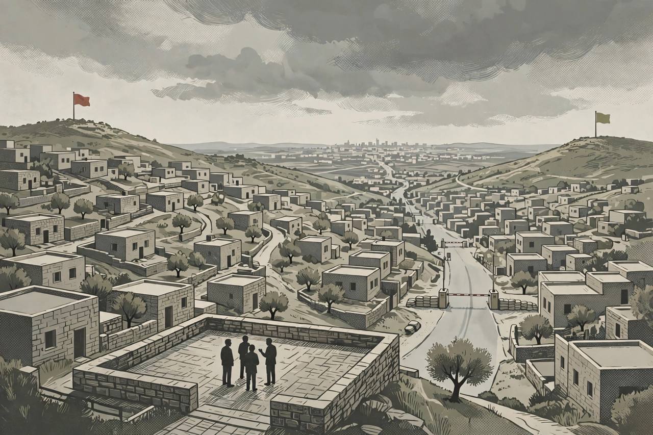 Editorial illustration of a southern Syrian hill town, a blocked road toward a distant capital and flags on opposite hills