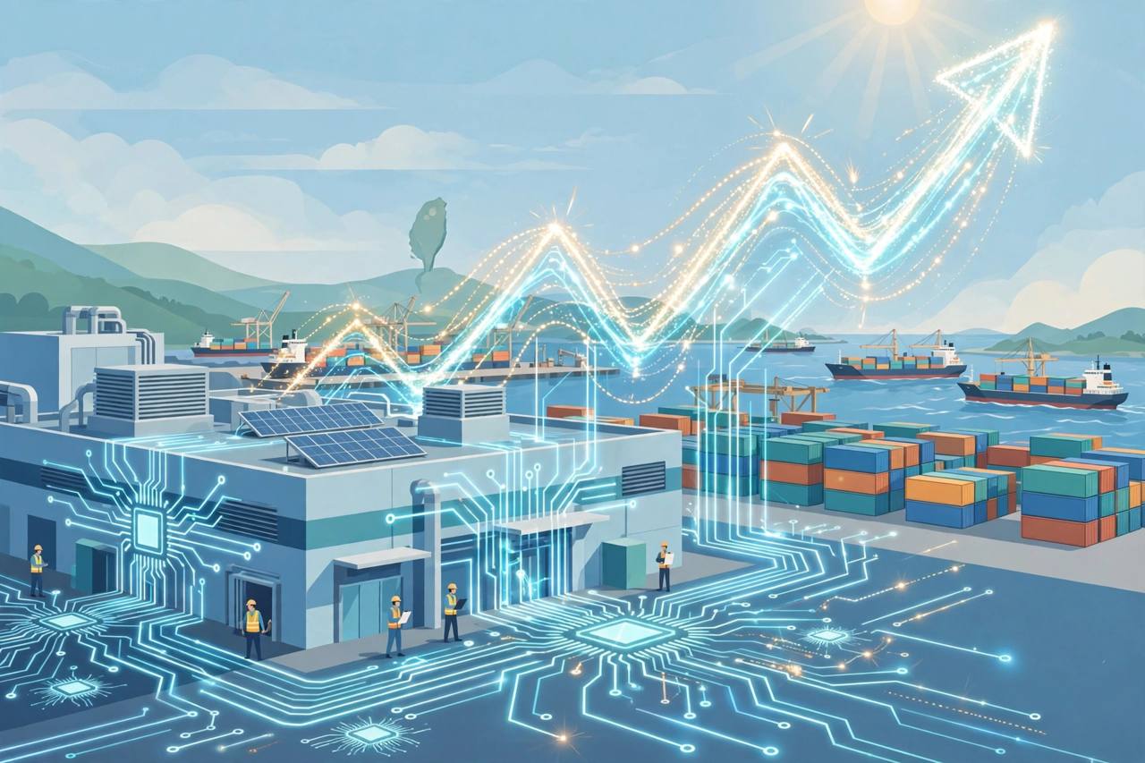 Semiconductor factory and export ships in Taiwan (Editorial illustration)