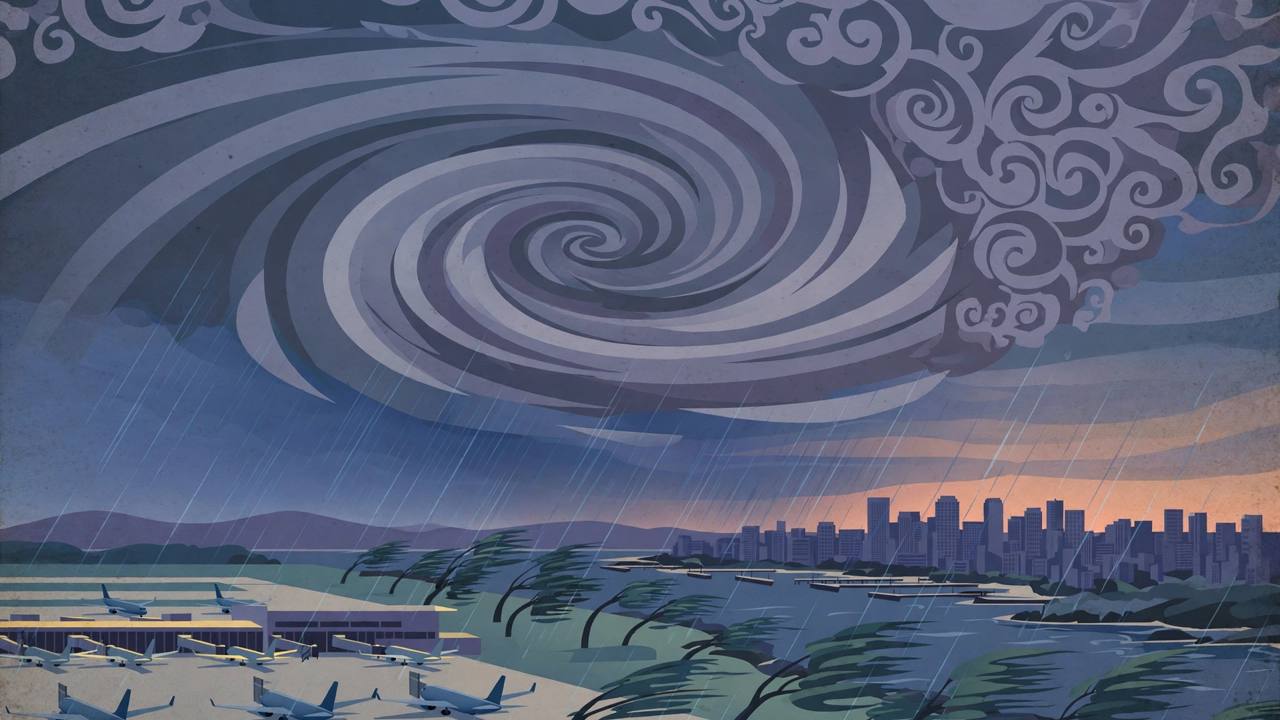 Editorial illustration of a typhoon spiral over an island coastline with grounded aeroplanes at an airport, wind-bent trees and a rainy city skyline, flat style, no real person depicted