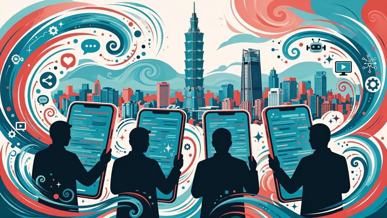 Editorial illustration of the Taipei skyline with generic voters holding smartphones surrounded by swirling fake social-media posts and bot icons, no real person's likeness