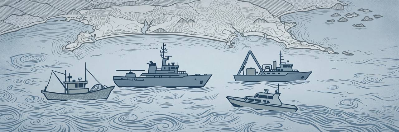 Editorial illustration of generic vessels at sea near a coastline — no real person or specific vessel depicted