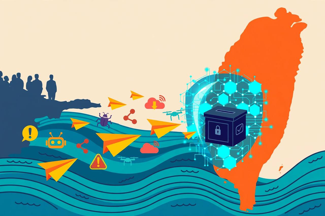 Editorial illustration of a ballot box with a digital shield against disinformation waves across a strait, no real person depicted