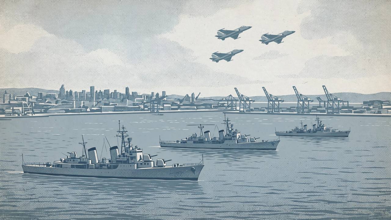 Editorial illustration of naval warships and fighter jets over a strait near a port city skyline