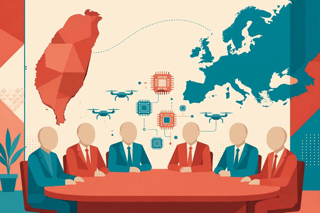 Editorial illustration of generic parliamentarians at a conference table between Taiwan and Europe map shapes, with drones and chips — flat style, no real person depicted