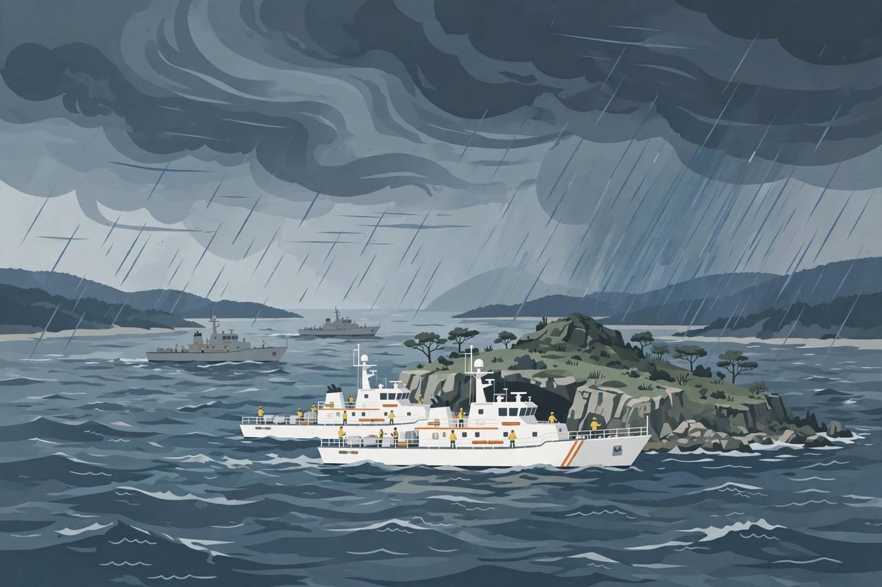 Editorial illustration of white coast guard patrol ships sheltering from a typhoon in a stormy strait near a small island, followed by grey coast guard vessels, generic figures only