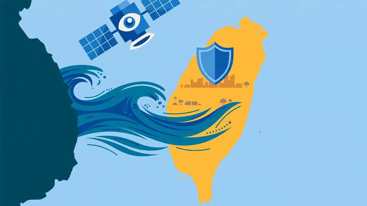 Editorial illustration of Taiwan with a satellite eye and a shield over Taipei