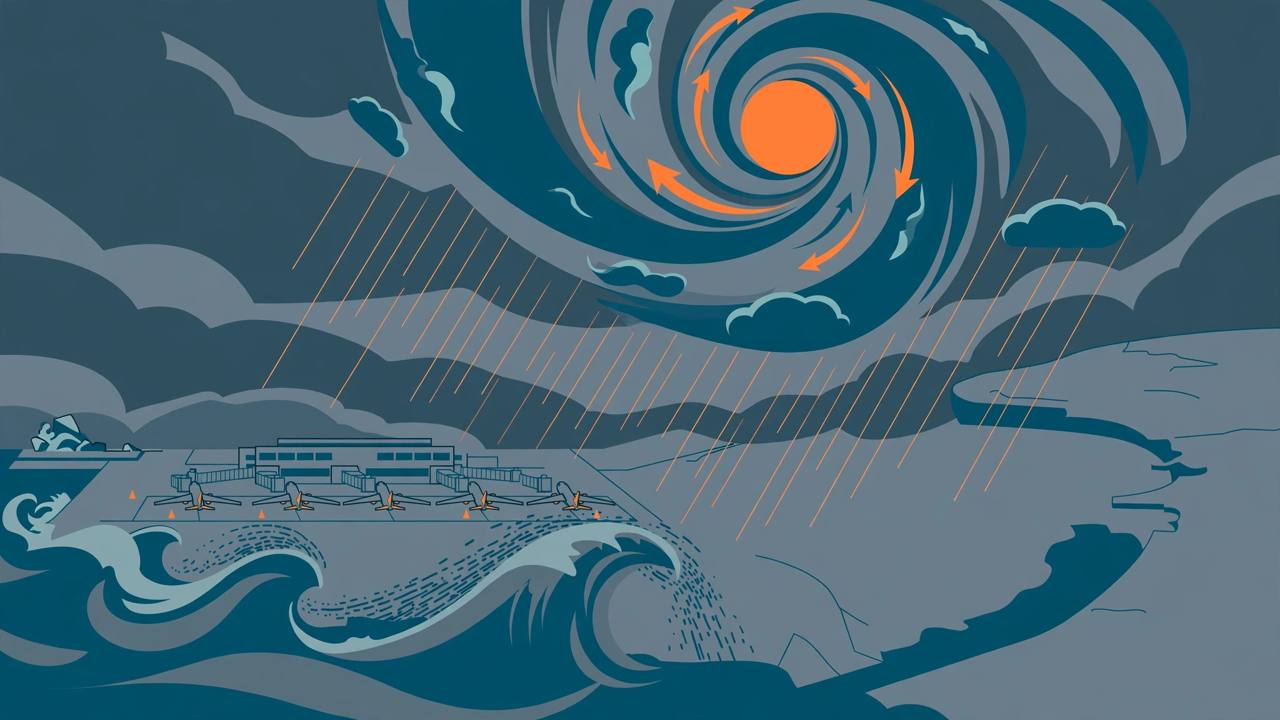 Editorial illustration of a typhoon spiral over a stylised Taiwan coastline with a generic airport and large waves under storm clouds, flat style, no text, no real person depicted