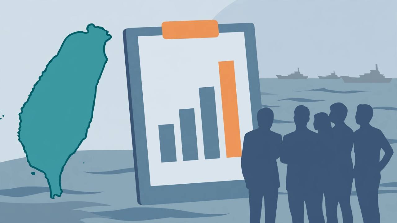 Editorial illustration of a Taiwan map outline, a survey clipboard with a rising bar chart and generic citizen silhouettes, with coast guard ship silhouettes across a strait — flat style, no real person depicted